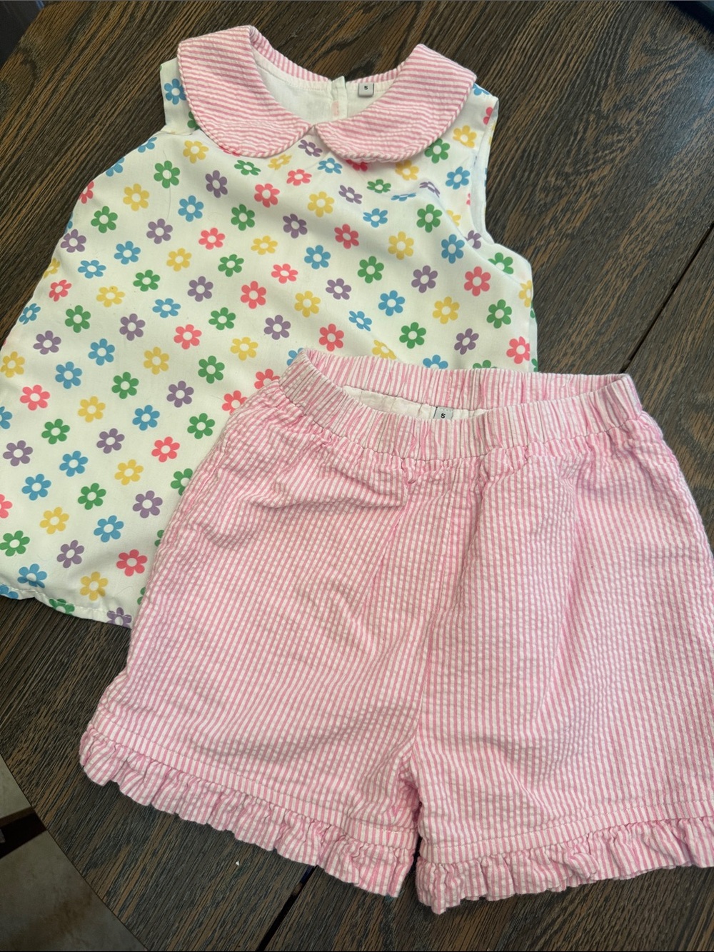 Little Louanne 5 Girls Pink Floral Collar Top & Pink Seersucker Shorts Set